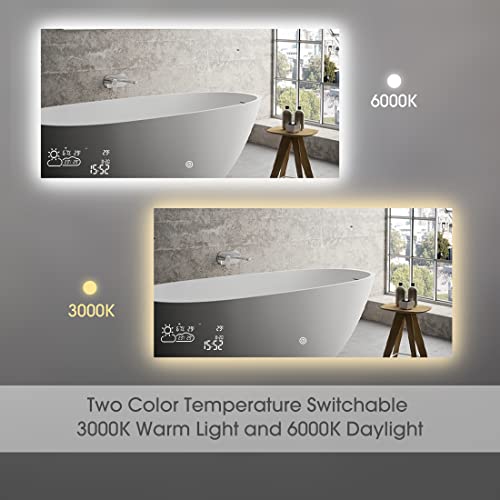 Byecold 48”X24” Smart Bathroom Mirror Wi-Fi Enabled Weather Display, Anti-Fog Led Light Vanity Mirror Backlit Frameless Lighted Touch Sensor Makeup For Wall - Horizontally Hang Only #TOP3