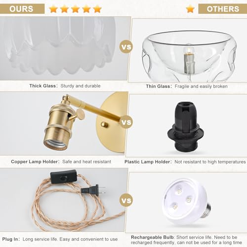 Image of Plug in Wall Sconces Set of 2, Vintage Wall Sconce Light with Tulip Milk White Glass Lampshade, Bedroom Wall Sconce with Switch and Plug in wall lamp Cord, Gold Wall Light Wall Decor Set of 2