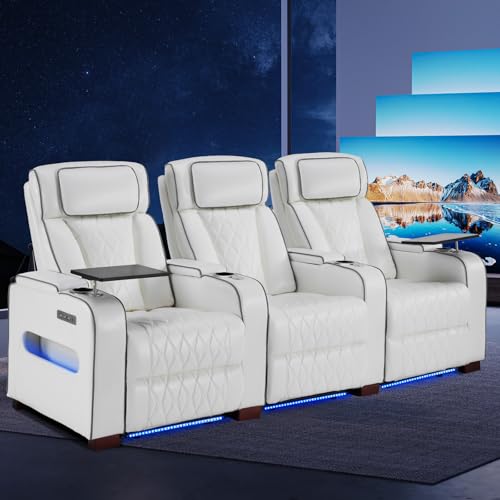 Image of Luxury Home Theater Seating - Power Recliner with Adjustable Headrests, Blue LED Ambient Lighting, Tray Table, USB & Type-C Charging (Pure White,3 Seat)