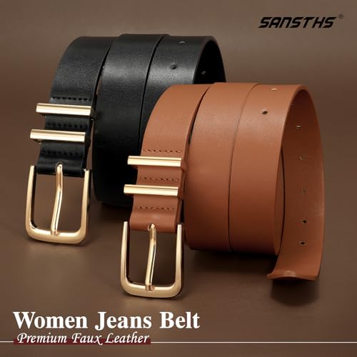 SANSTHS 2 Pack Women Belt for Jeans Pants, Simple Fashion Ladies Waist Belt with Gold Buckle, 1inch Width4