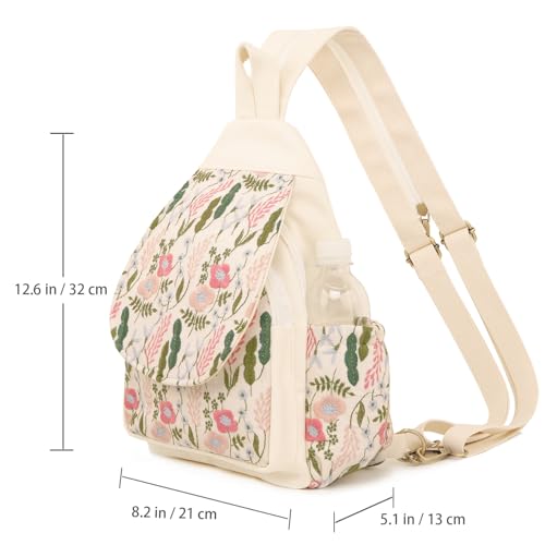 Image of SILKAREA Embroidered Sling Bag for Women, Crossbody Backpack Purse Anti-Theft Travel Daypack, Adjustable Shoulder Chest Pack with Tablet Pocket (Embroidered White-2)