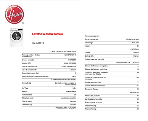 Lavatrice Hoover H-WASH 700 Slim 9 Kg - Classe A, 1400 Giri, 18 Programmi, App HOn - Bianca - Foto 9