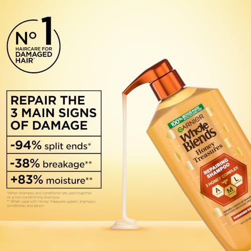 Garnier Whole Blends Honey Treasures Repairing Shampoo, Hair Repair Formula for Dry, Damaged Hair with Acacia, Manuka, and Lavender Honeys, 28 Fl Oz (Packaging May Vary) - image 3