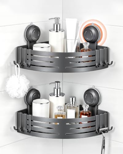Lekesky Duschablage Ohne Bohren Ecke, Saugnäpfe mit Drehverschluss, Aluminium & Rostfrei, Abnehmbar Badezimmer Regal Duschregal für Bad Küche Mietwohnung (2er Set, Gunmetal Grau)