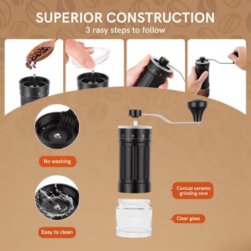 Image of Ash & Roh Manual Coffee Grinder with 40 Adjustable Grind Settings, Conical Ceramic Burr, Hand Crank Bean Mill with Glass Jar for Espresso, French Press & Travel