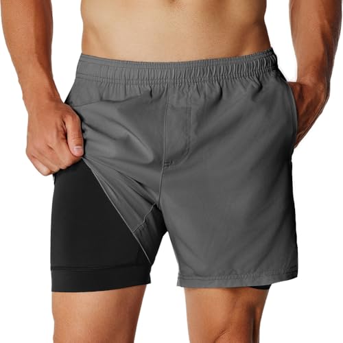 Image of NIMENJOJA 5.5 Inch Workout Running Shorts for Men, 2 in 1 Zip Pockets Athletic Gym Compression Liner Training Shorts Grey/Black