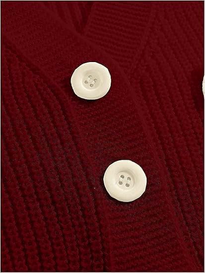 Womens Bow Cropped Cardigan Sweater Long Sleeve V Neck Button Down Chunky Knit Loose Crop Tops Burgundy - Image 3