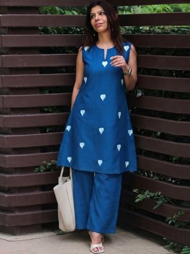 Image of ANNI Designer Kurta Set for Women Cotton Blend Embroidered | Kurti Set for Woman | Farshi Salwar Suit Kurta Palazzo Outfit | Round Neck V Slit Sleeveless Regular Fit Ethnic Dress Stylish Clothing