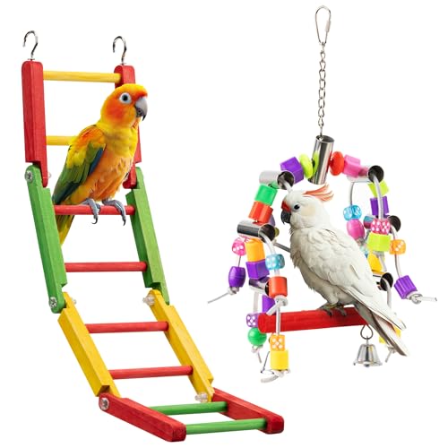 Image of Navaris Parrot Toy - Durable Swing and Ladder Set - Colourful Bird Cage Toys for Small to Medium Birds - Cockatiel, Parakeet, Budgie Accessories