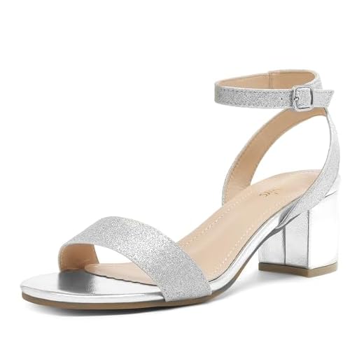 DREAM PAIRS Women's Silver Glitter Open Toe Ankle Strap Low Block Chunky Heels Sandals Party Dress Pumps Shoes Size 7 M US Carnival