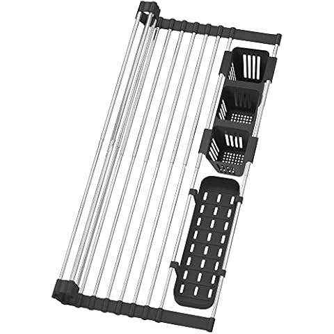 BBXTYLY Black Expandable Roll Up Dish Drying Rack Up to 22.8''with 2 Storage Baskets,Over The Sink Rolling up Dish Drainer, Foldable,Rollable,for Kitchen Dishes,Cups Cover