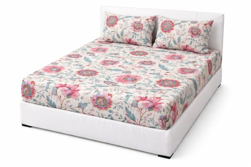 Image of King Elastic Fitted Sheet - Glace Cotton Material, Fits 8 Inch Mattress, 1 Double Bed Sheet + 2 Pillow Cases Pink Suraj mukhi