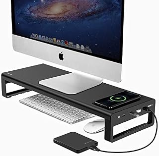 Vaydeer Monitor Stand with Wireless Charging and 4 USB 3.0 Ports, Metal Computer Stand Riser for Desk, Aluminum PC Screen Stand for Office, Laptop, Computer, iMac, Printer up to 32 Inches - Black