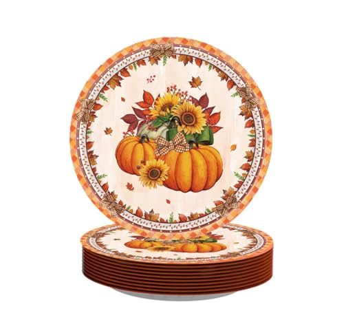 ASVNRES Platos de papel de hojas de otoño para Acción de Gracias, platos de papel desechables de calabaza y girasol, decoraciones de Acción de Gracias, suministros de fiesta, 24 unidades