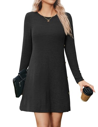 Zeagoo Strickkleid Damen Einfarbige Casual Minikleid Langarm Rundhals Tunika Kleid Elegante Herbstkleid Winterkleid Schwarz XL