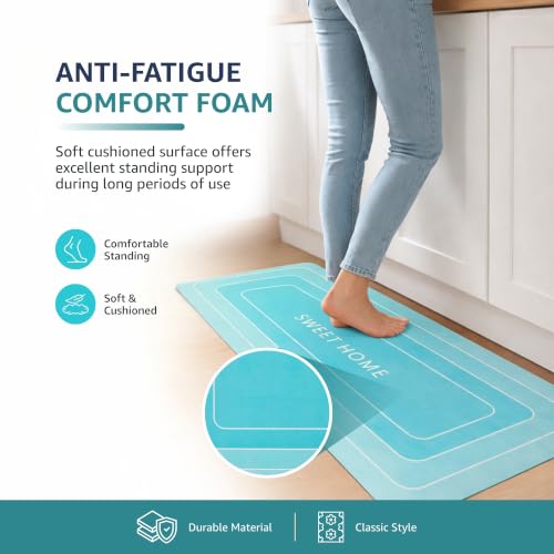 Image of Amazon Brand - Solimo Silicone Kitchen & Bath Mat (Pack of 2) | Light Blue| Anti-Fatigue Comfort Foam | Waterproof & Anti-Slip | 60 x 40 cm & 40 x 120 cm| Quick-Dry & Easy Clean