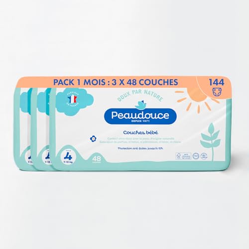 Piel – 144 pañales para bebé, talla 4 (7-18 kg) – Paquete de 1 mes: 3 bolsas x 48 – Ecológicas, naturales y saludables – Fabricado en Francia – Protección antifugas hasta 12 h – No blanqueado con