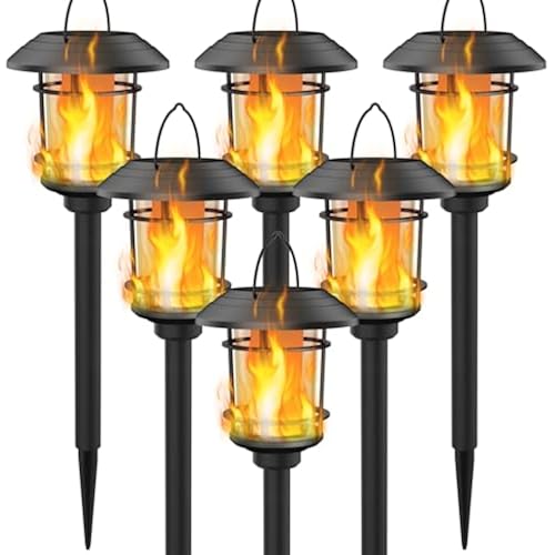 Dynaming 6 Pack Solar Flame Torch Lights Outdoor, Halloween Dual Use Flickering Flame Garden Light, Christmas Hanging Lanterns, Auto On/Off & Waterproof Lighting for Lawn Patio Yard Walkway Driveway