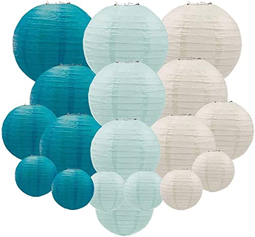 Uniqooo 18Pcs Ocean Blue Paper Lantern Wedding Party Decoration Set, Hanging Japanese Lantern Decor Supply, Easy Assemble, For Home Outdoor Baby Bridal Shower, Birthday Favor Supply, Assorted Sizes #TOP7