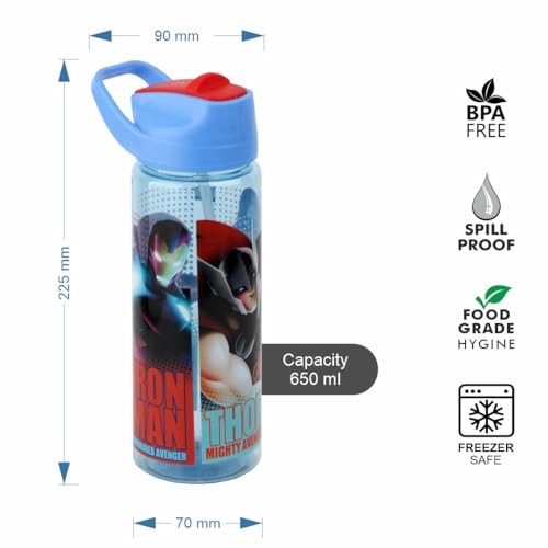 Image of SKi Homeware Plastic GLIDE Sipper Bottles Combo|800 ML + 650 ML|for School,Sports|Teens & Kids|set of 2 bottles|Leakproof,Pop-up Sipper with Handle|Character Merchandise|Avengers,Multicolour