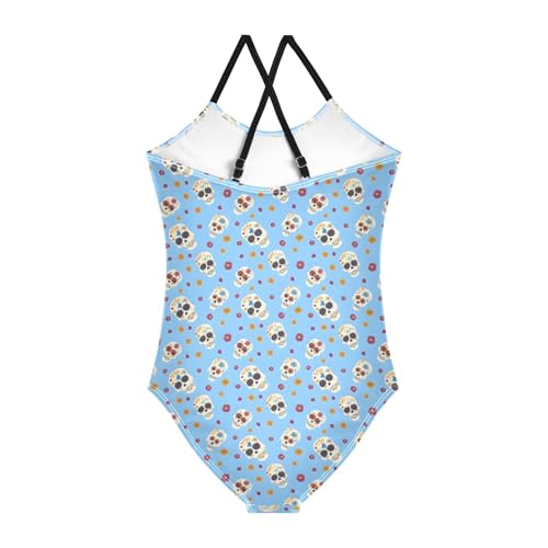 senya Girls Swimsuits One-Piece Swimwear Tie Bathing Suit Beach Summer Round Neck 5-6T Blue Skull Flower Pattern2