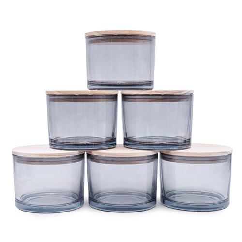 SHOWIN 18 OZ Thick Candle Jars for Making Candles 6 Pcs, Empty Jars with Wood Lids for Candle Making, Sample Container,Clear Grey