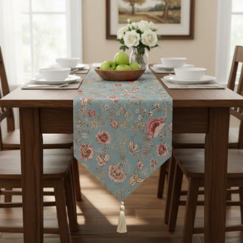 Image of COZY FURNISH Pure Cotton Table Runner with Tassels - Floral Printed 6 Seater Dining Table Runner & Bed Runner | Soft Washable Home Decorative Linen