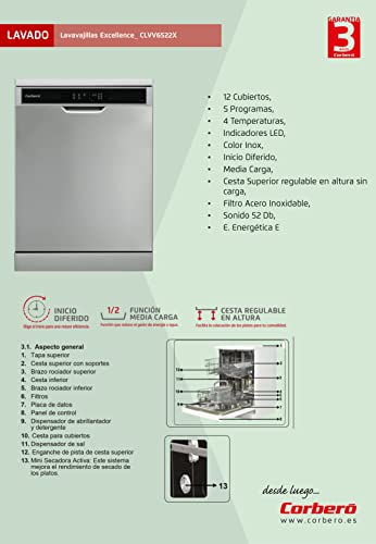 Corbero-CLVV6522X-Lavavajillas-Gama-Plus-60-cms-12-Cub-5-Prog-4-Temp-Indicadores-LED-Inox-Inicio-Diferido-Media-Carga-Cesta-Superior-regulable-en-Altura-52-Db-E-energetica-E