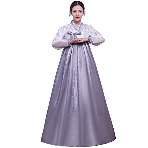 XINFU Women's Korean Traditional Hanbok Sets Long Sleeve Colorful Cosplay Costume Dress, Whitegrey, Large