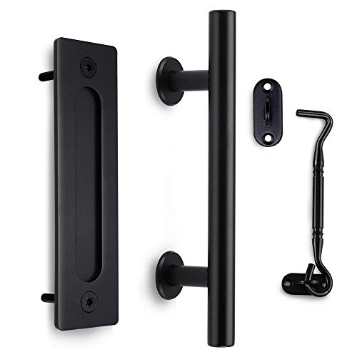 Orgerphy 12 Inch Black Barn Door Handle with Door Latch Set| Black 12 inch Round Heavy Duty Solid Steel Gate Pull Handle | for Barn Door Gates Garages Sheds