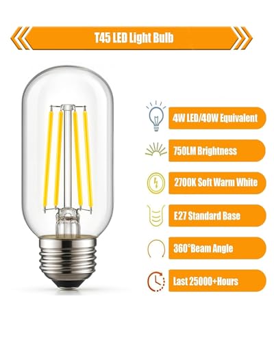 Image of Homesake T45 LED Filament Bulb 4W Warm White Vintage Tube Bulb for Home Decor, Pendant Lights, Wall Lamps & E27 Holder Fixtures | 360 Beam LED Light Bulb