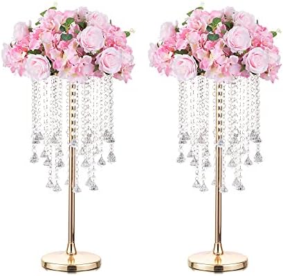 Flower Stand Wedding Centrepieces for Tables - 2 Pcs Metal Gold Vases for Centerpieces with Chandelier Crystals 60cm Tall vases Centrepiece Table Decorations for Reception Party Event Home Decor