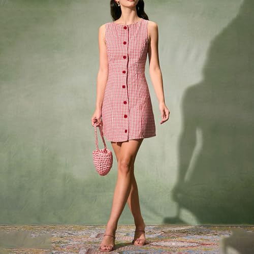 Women Summer Mini Plaid Tank Dress Sleeveless Round Neck Button Up Bodycon Cocktail Party Dress3
