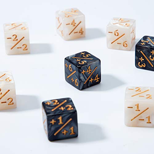 Image of Sumind 24 Pcs Counter Dice -1 /+1 Counters Ability Keyword Counters Buff Tokens 6 Sided Dice Gifts Compatible with CCG TCG Cards Gaming Accessory (Black & Pearl Marble)