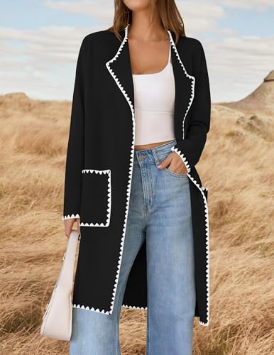 ZESICA Women's Open Front Long Cardigan Sweater Casual Lapel Coatigan Coat Fall Jacket Outerwear with Pockets2