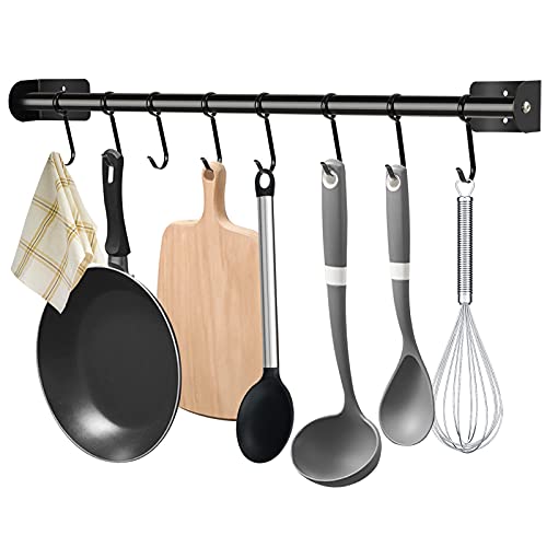 Barra de ganchos para cocina, barra de cocina autoadhesiva, riel de cocina con 8 ganchos, gancho para ropa, soporte para cocina, soporte para utensilios de cocina, barra para cocina, color negro Cover
