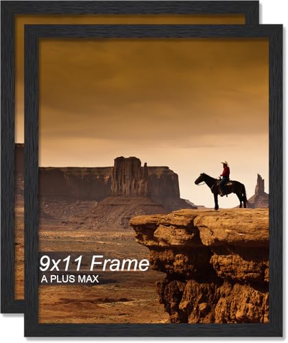 A PLUS MAX 9x11 Picture Frame Set of 2, Black Engineered Wood Frame for 9 x 11 Inch Picture Poster Photo, Light Weight 9 by 11 Frame with Wood-grain for Wall - 2 Pack/Black/9'x11'