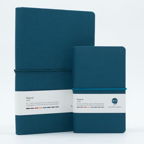 Image of Comma Regina Combo | A5 Size Hard Bound Notebook & A6 Size Hard Bound Pocket Notebook with a Horizontal Elastic Band Closure | 192 Pages | 80gsm Natural Shade Paper | Linen Fabric Cover Material - Peacock Blue