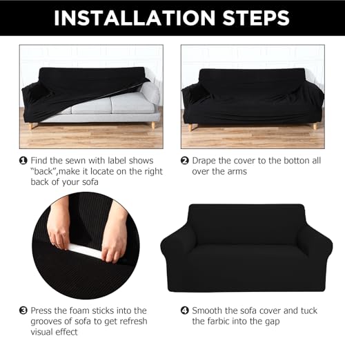 Peryiter 3 Pcs Slipcover Set for Couch Furniture Covers for Sofa Loveseat Couch Arm Chair, Form Fit Stretch, Wrinkle Free, Furniture Protector(Black,Polyester Spandex Blend) - Image 4
