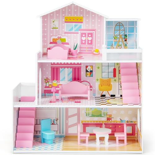 Costzon Wooden Dollhouse for Kids, 3-Story Semi-Open Doll House with 5 Rooms & 10 Pieces Furniture Set, Ladders & Balcony, Preschool DIY Pretend Play Dollhouse Toy, Gift for Girls & Boys Ages 3+