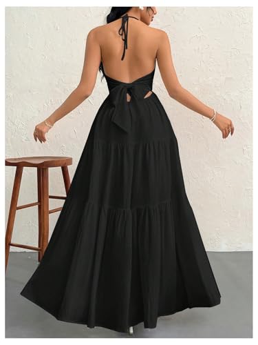 Image of SHENHE Women's Deep V Neck Tie Knot Backless Halter Dress A Line Flowy Ruffle Maxi Dress