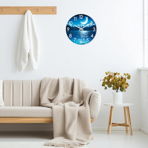 Image of XFM Extra Large Blue Moon Glass Wall Clock 24 Inch Silent | Non Ticking Battery Operated Round Analog Modern Nature Decorative Clock for Living Room Kitchen Bedroom Office