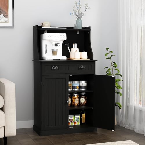 HOLTICO Küchenschrank Mikrowellenschrank Mehrzweckschrank Schwarz mit Verstellbarem Regal,Schrank Freistehend für KücheWohnzimmer,Schlafzimmer,Esszimmer,Garage