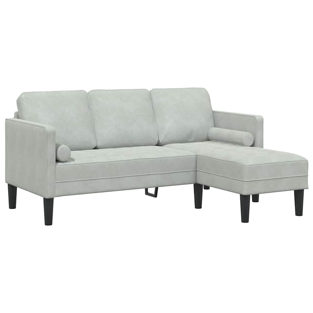 Sofa narożna z poduszką i taboretem, jasnoszara, poliester, drewniana rama, nowoczesny zestaw wypoczynkowy, sofa z miejscem do przechowywania, modułowa, 5 siedzeń, 173 x 131 x 67 cm