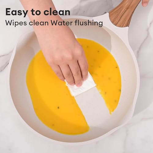 Image of Non-Stick Frying Pan with Wooden Finish Soft Touch Handle, 2.5mm Thickness, Consumes Less Oil, Even Heat Distribution, Induction Bottom and Gas Ready (White, 20cm)