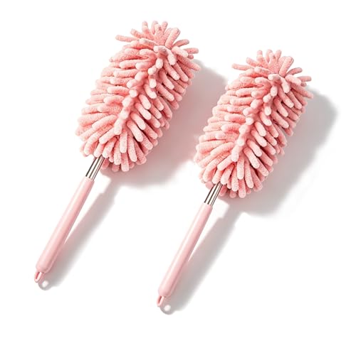 Fiknonk 2 PCS Car Interior Duster with Extension Pole, Microfiber Bendable Head Telescopic Cleaning Tool, Scratch Free for Vehicle Interior & Exterior, Universal for Most Cars, Trucks, SUVs (Pink)