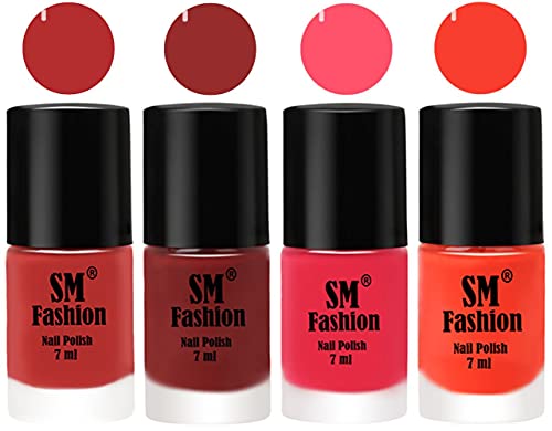 Image of Nail Polish Combo Set (Pack of 4) Quick Dry Gel Finish Nail Paint | Coral Pink ,Jam,Dark Pink,Light Orange | 7 ml Each
