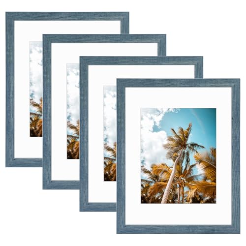 Image of Frametory, 11x14 Picture Frame with Mat for 8x10 Photo - High Definition Glass Wide Molding - Preinstalled Wall Mounting Hardware (Blue, 4 Pack)