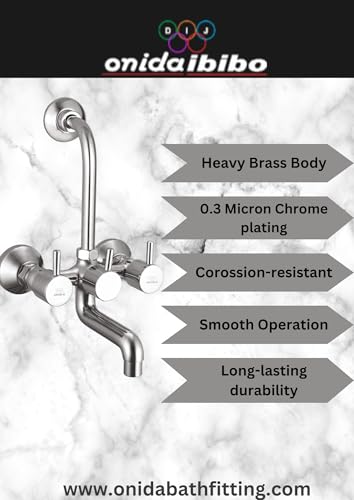 Image of Onida Ibibo Brass Wall Mixer with 115 mm Long Bend Pipe (Flora Collection) | Provision for Overhead Shower | Heavy Brass Body- Chrome finish