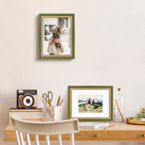 Image of Golden State Art,9x12 Ornate Picture Frame Holds 6x8 Photo,Green Gold | Includes real glass front,white mat,build-in hangers and buttons.Displays 6x8 photo on wall